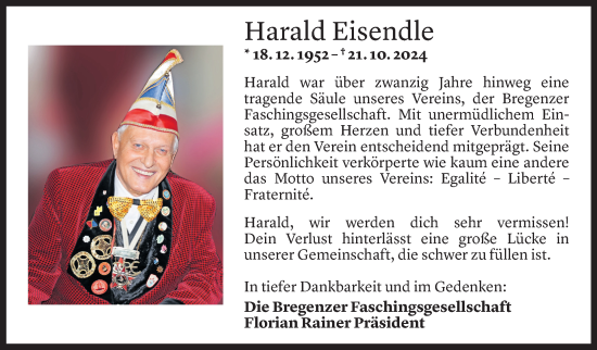 Todesanzeige von Harald Eisendle von Vorarlberger Nachrichten