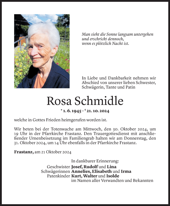 Todesanzeige von Rosa Schmidle von Vorarlberger Nachrichten