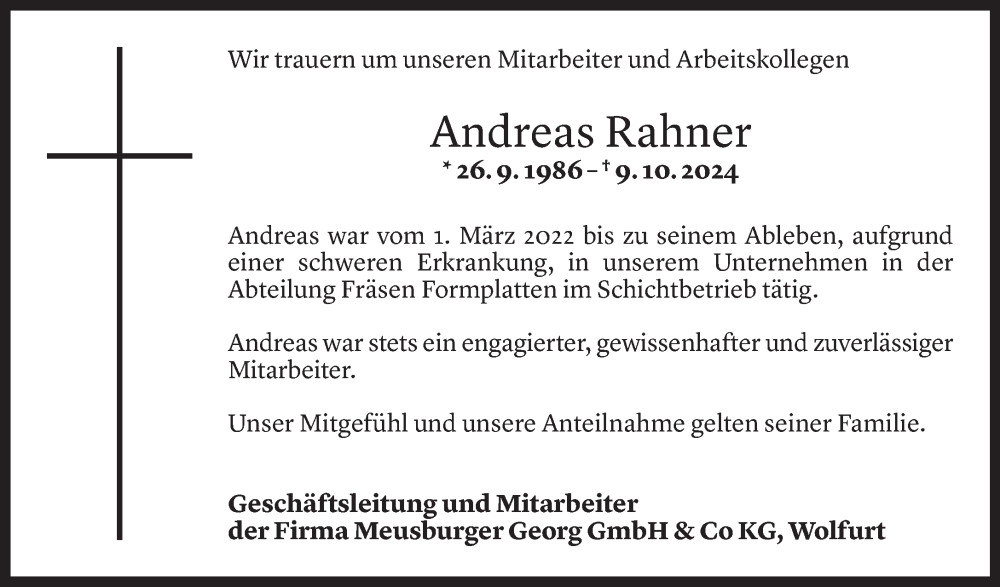  Todesanzeige für Andreas Rahner vom 11.10.2024 aus Vorarlberger Nachrichten