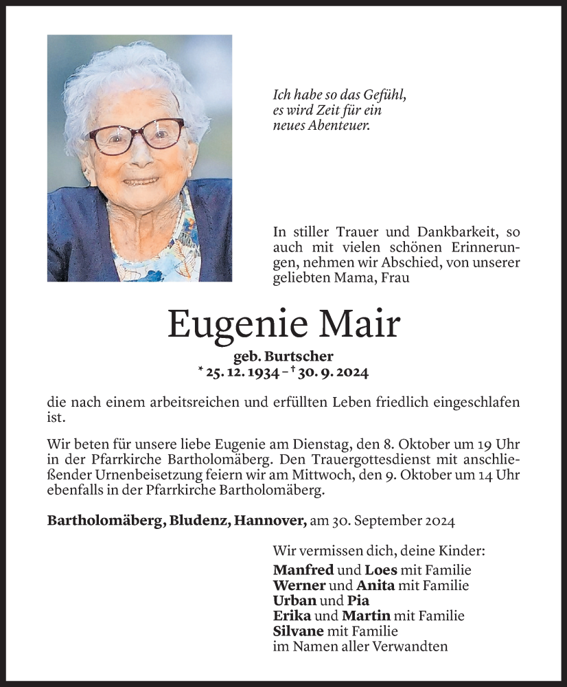  Todesanzeige für Eugenie Mair vom 04.10.2024 aus Vorarlberger Nachrichten