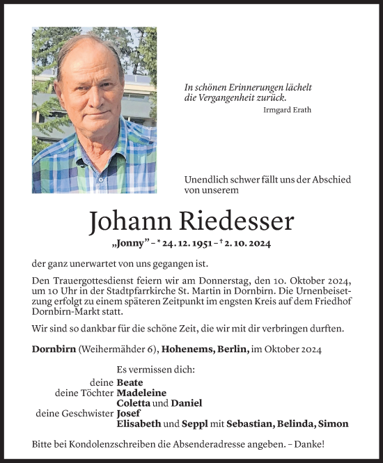 Todesanzeige von Johann Riedesser von Vorarlberger Nachrichten