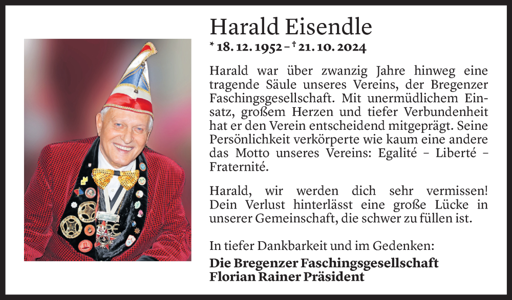  Todesanzeige für Harald Eisendle vom 23.10.2024 aus Vorarlberger Nachrichten