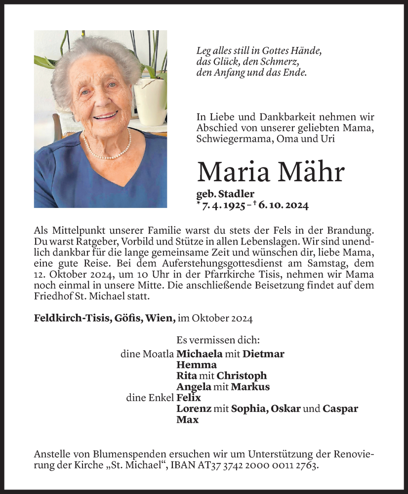  Todesanzeige für Maria Mähr vom 10.06.2024 aus Vorarlberger Nachrichten