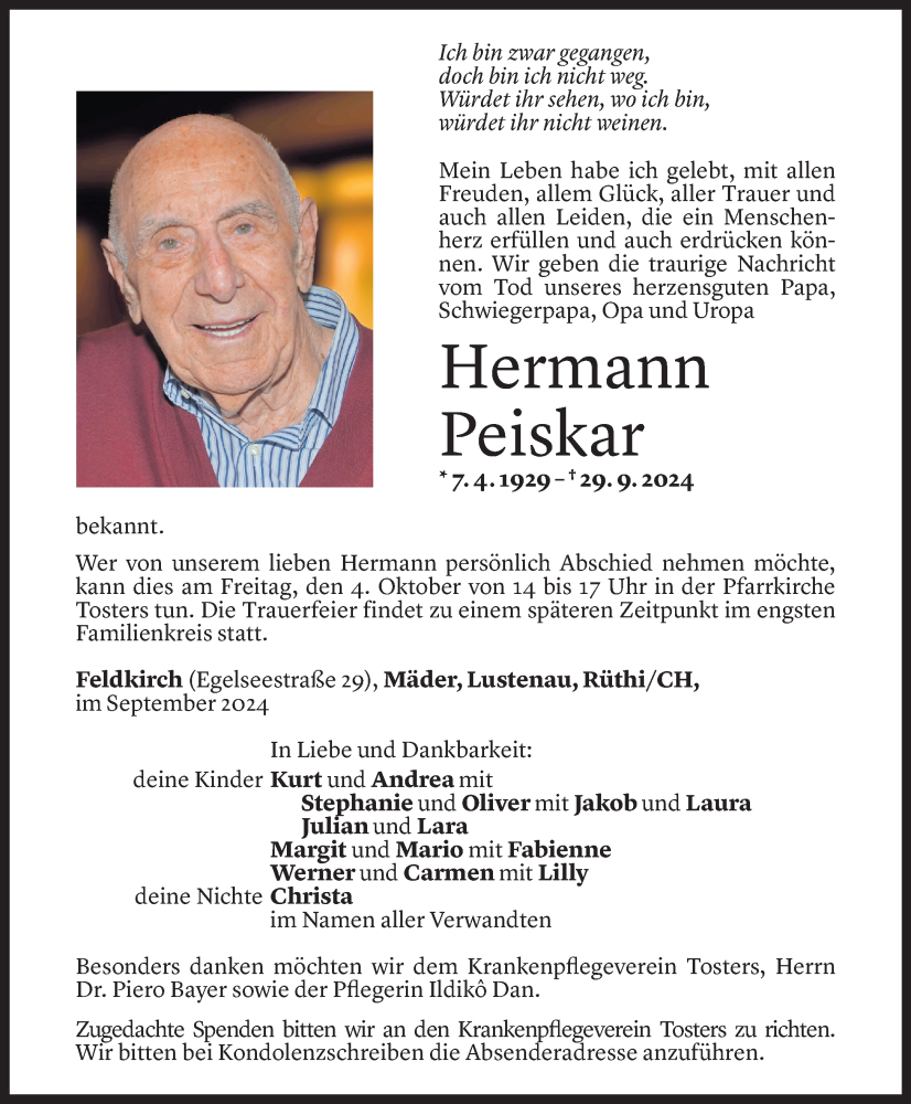  Todesanzeige für Hermann Peiskar vom 02.10.2024 aus Vorarlberger Nachrichten