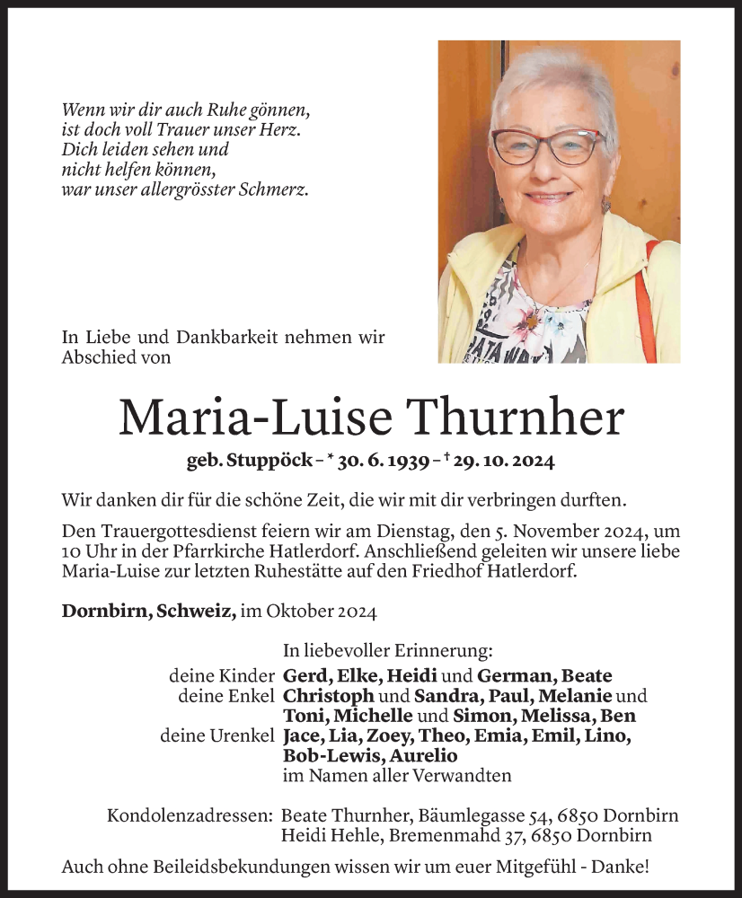  Todesanzeige für Maria-Luise Thurnher vom 30.10.2024 aus Vorarlberger Nachrichten