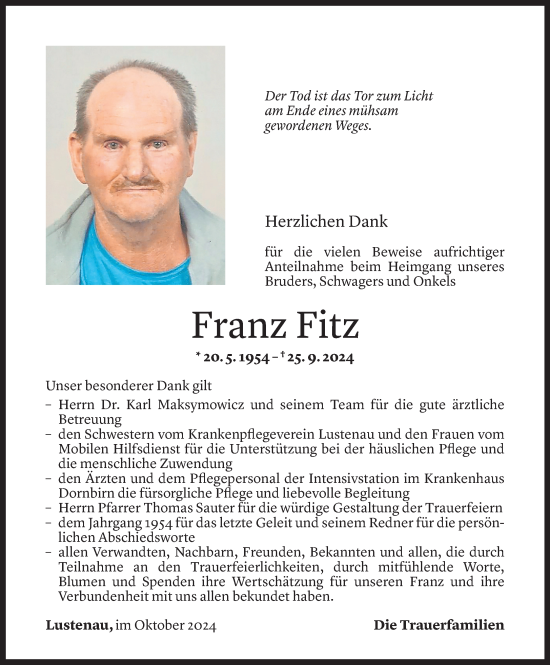 Todesanzeige von Franz Fitz von Vorarlberger Nachrichten