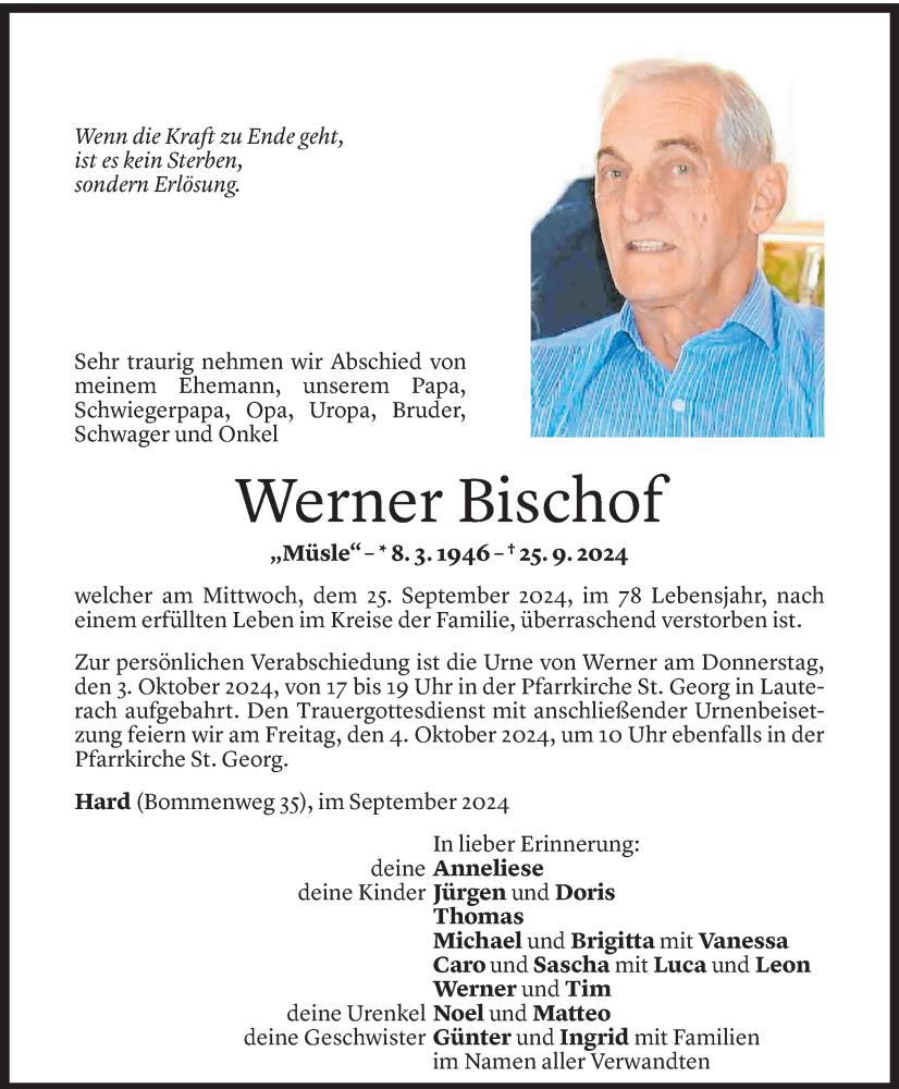  Todesanzeige für Werner Bischof vom 02.10.2024 aus Vorarlberger Nachrichten