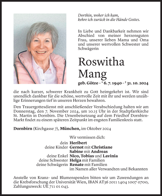 Todesanzeige von Roswitha Mang von Vorarlberger Nachrichten