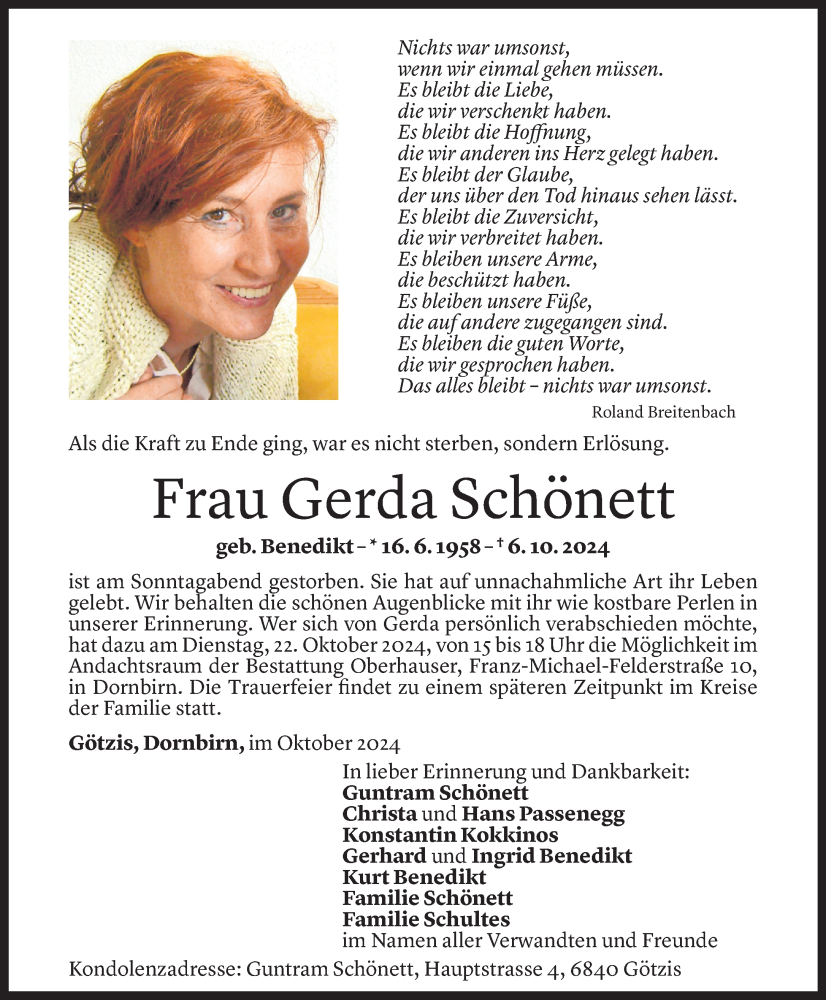  Todesanzeige für Gerda Schönett vom 15.10.2024 aus Vorarlberger Nachrichten