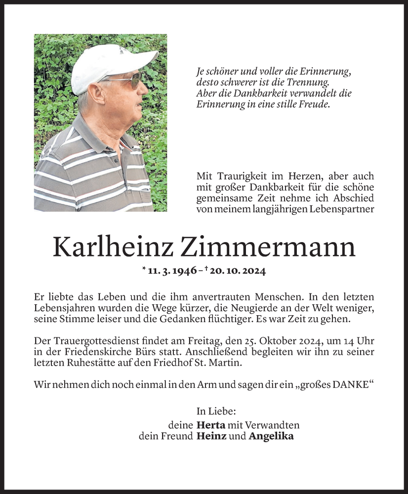  Todesanzeige für Karlheinz Zimmermann vom 21.10.2024 aus Vorarlberger Nachrichten