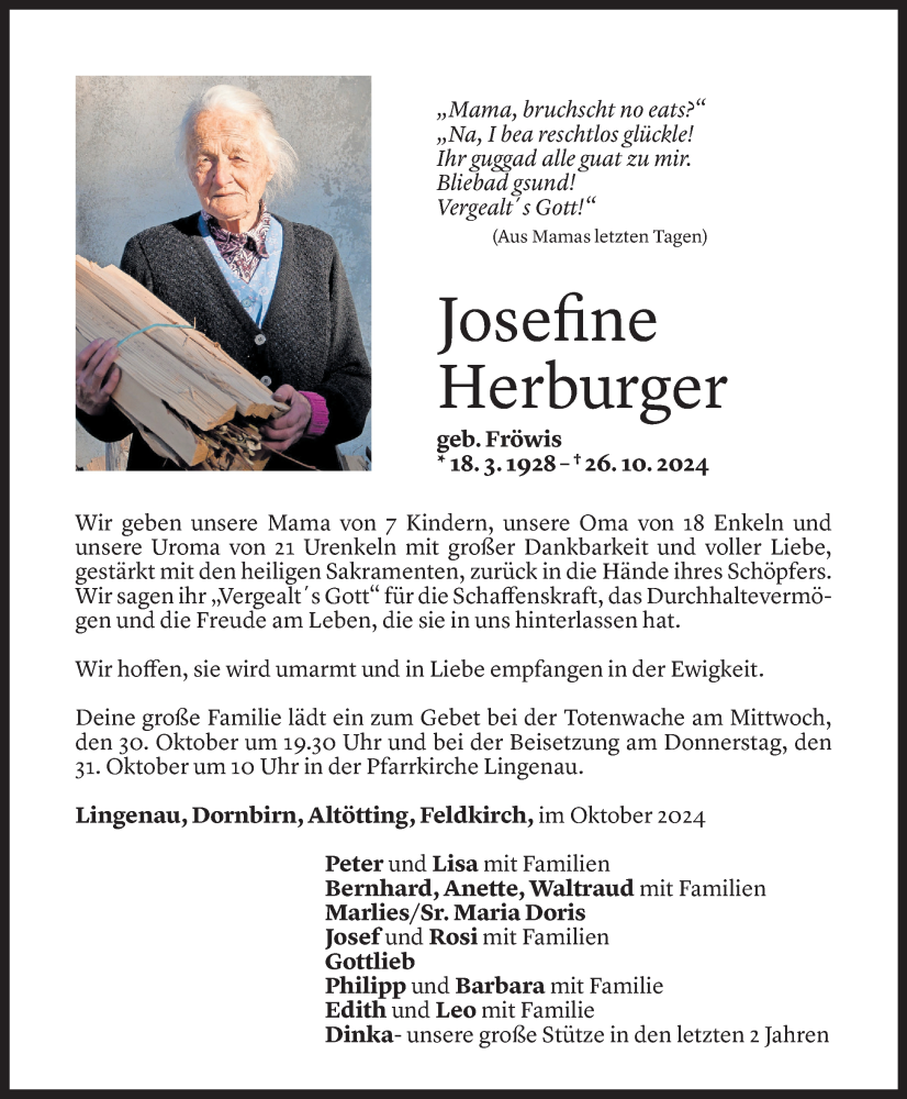  Todesanzeige für Josefine Herburger vom 28.10.2024 aus Vorarlberger Nachrichten