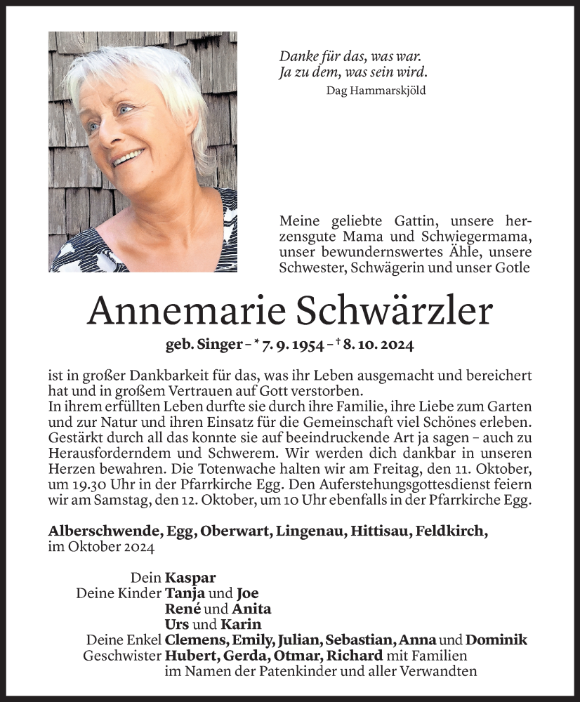  Todesanzeige für Annemarie Schwärzler vom 10.10.2024 aus Vorarlberger Nachrichten