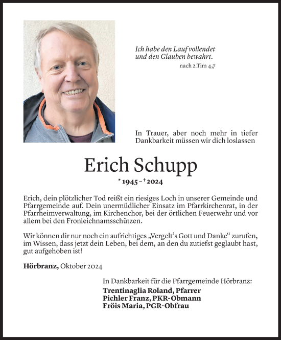 Todesanzeige von Erich Schupp von Vorarlberger Nachrichten