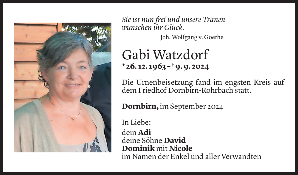  Todesanzeige für Gabi Watzdorf vom 12.10.2024 aus Vorarlberger Nachrichten