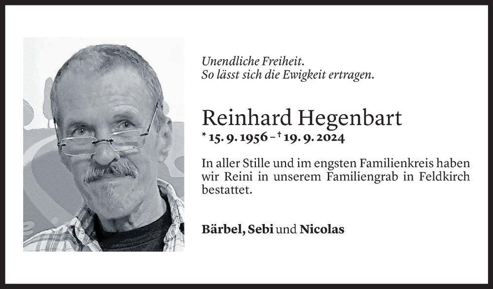  Todesanzeige für Reinhard Hegenbart vom 19.10.2024 aus Vorarlberger Nachrichten