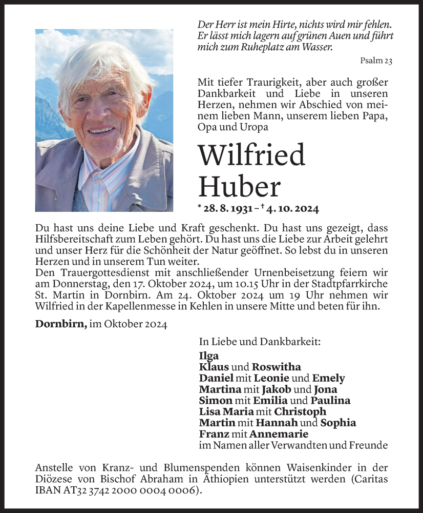  Todesanzeige für Wilfried Huber vom 11.10.2024 aus Vorarlberger Nachrichten