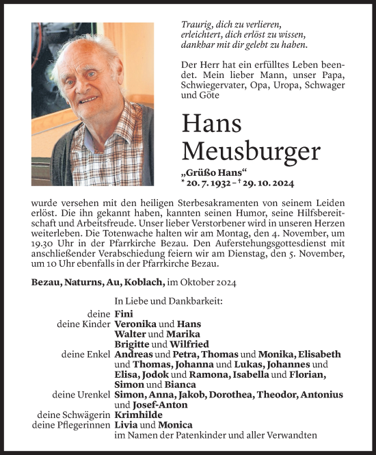 Todesanzeige von Hans Meusburger von Vorarlberger Nachrichten