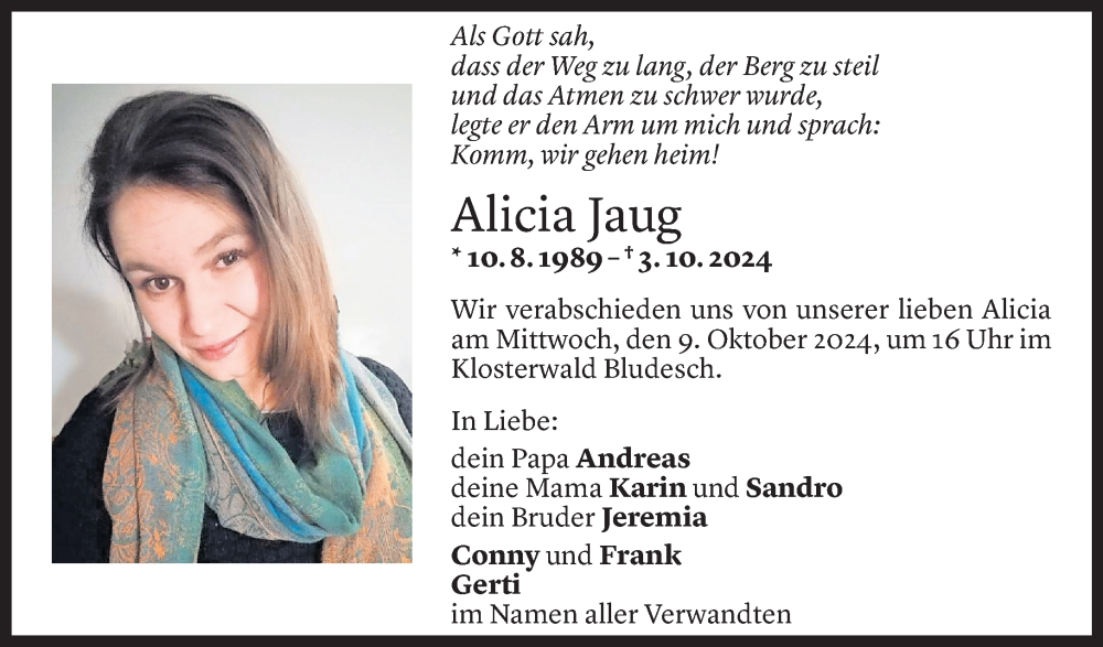  Todesanzeige für Alicia Jaug vom 09.10.2024 aus Vorarlberger Nachrichten