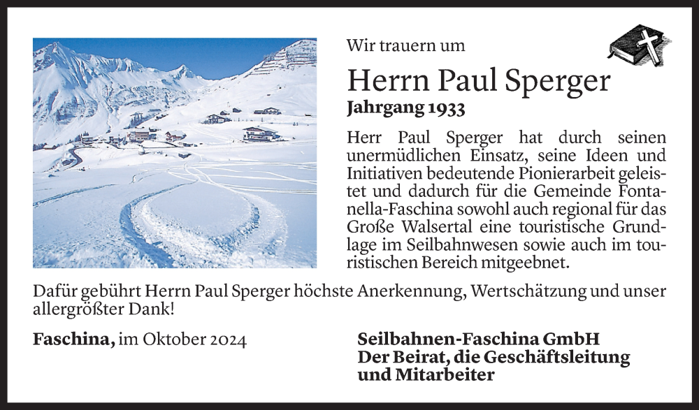  Todesanzeige für Paul Sperger vom 17.10.2024 aus Vorarlberger Nachrichten