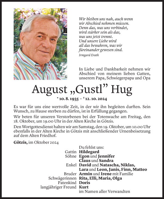 Todesanzeige von August Hug von Vorarlberger Nachrichten