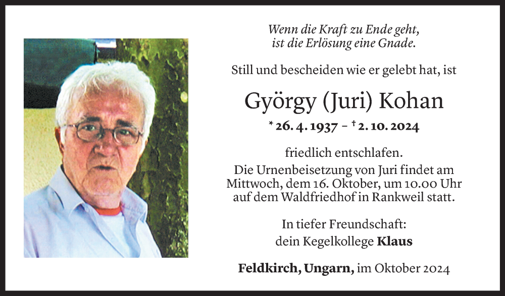  Todesanzeige für György Kohan vom 13.10.2024 aus Vorarlberger Nachrichten