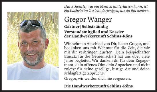 Todesanzeige von Gregor Wanger von Vorarlberger nachrichten