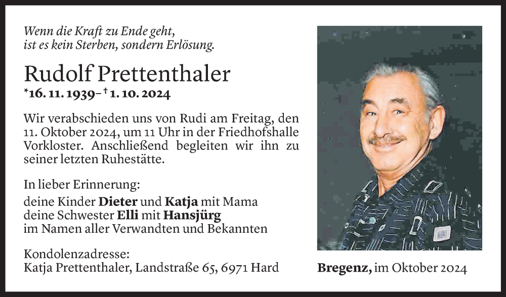  Todesanzeige für Rudolf Prettenthaler vom 06.10.2024 aus Vorarlberger Nachrichten