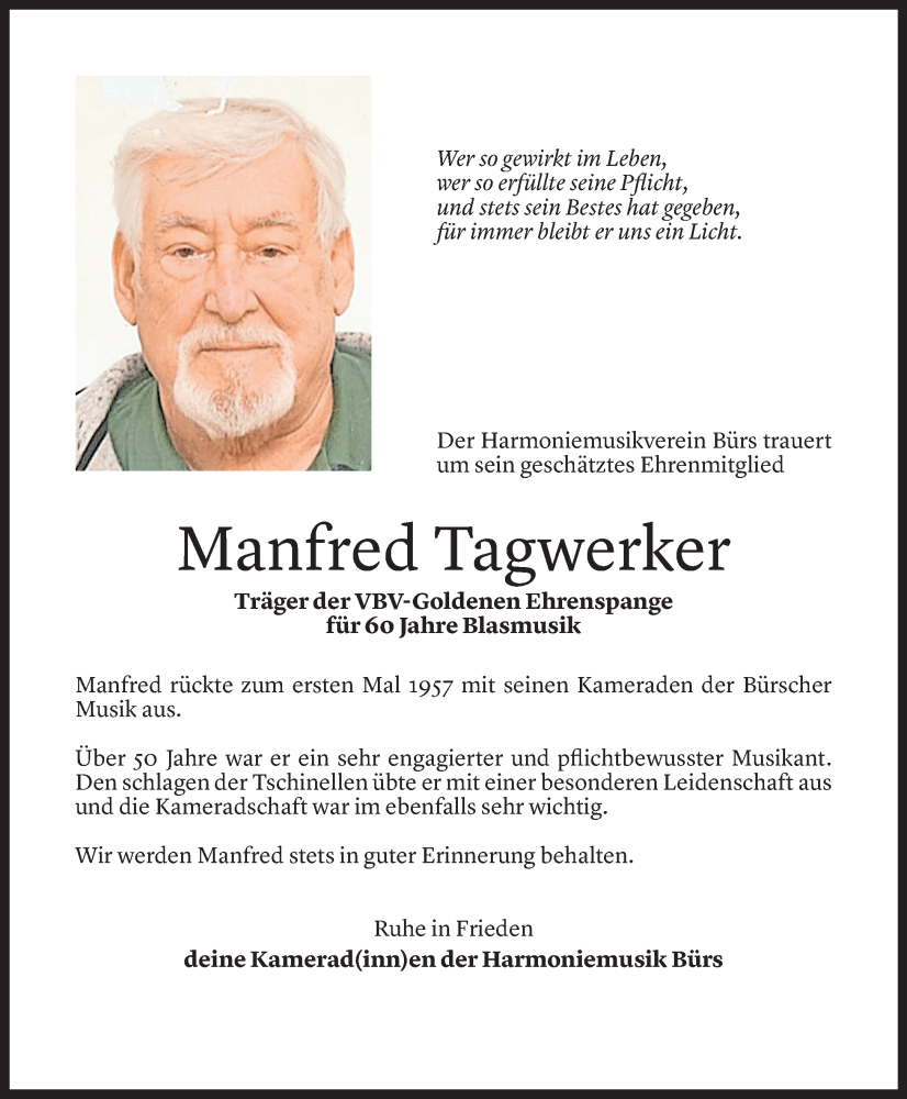  Todesanzeige für Manfred Tagwerker vom 16.10.2024 aus Vorarlberger Nachrichten