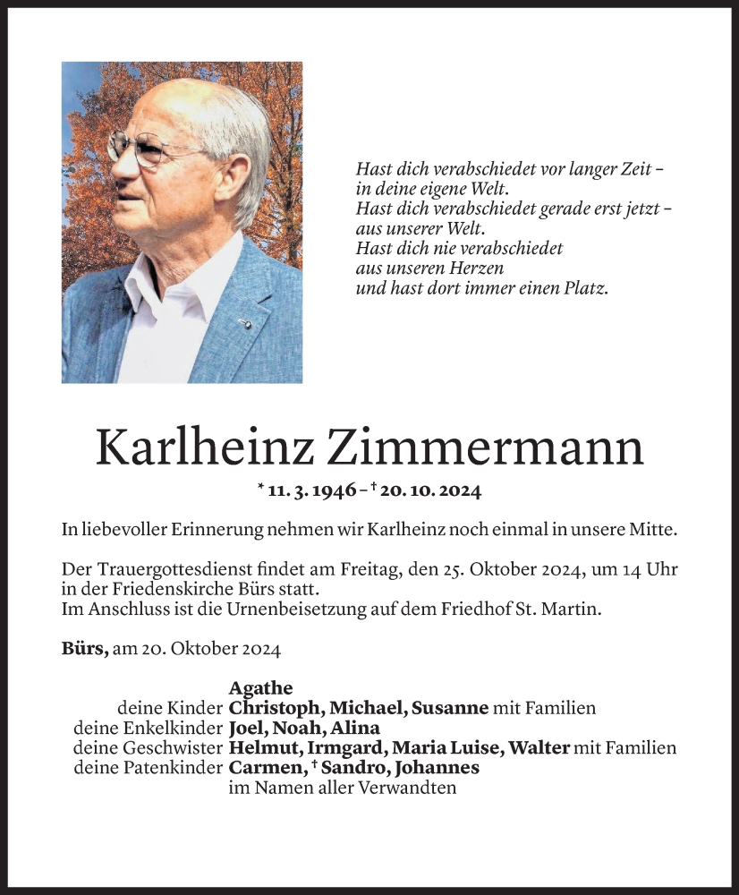  Todesanzeige für Karlheinz Zimmermann vom 21.10.2024 aus Vorarlberger Nachrichten