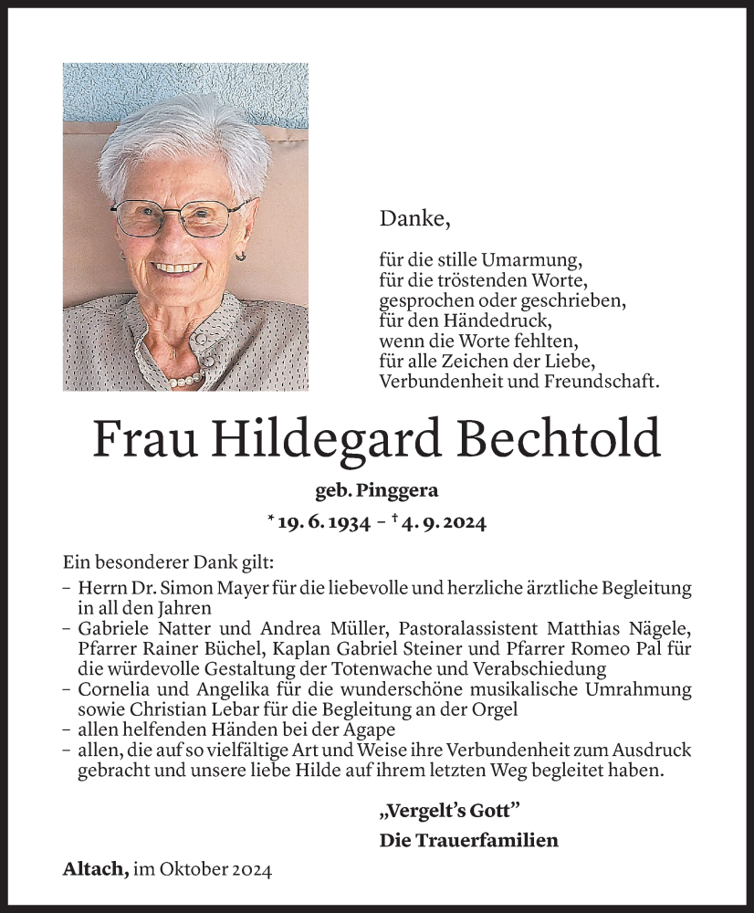  Todesanzeige für Hildegard Bechtold vom 04.09.2024 aus Vorarlberger Nachrichten