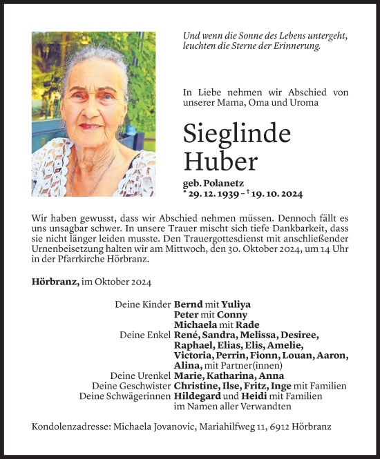 Todesanzeige von Sieglinde Huber von Vorarlberger Nachrichten