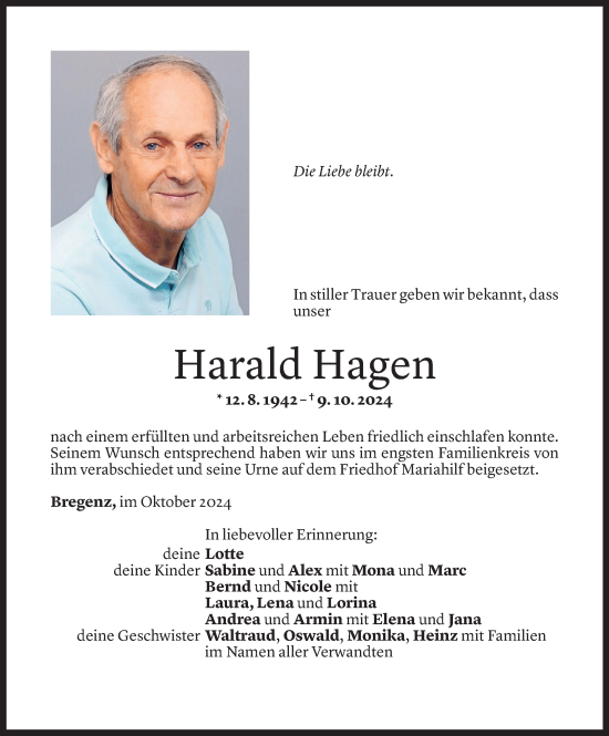 Todesanzeige von Harald Hagen von Vorarlberger Nachrichten