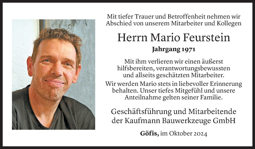  Todesanzeige für Mario Feurstein vom 09.10.2024 aus Vorarlberger Nachrichten