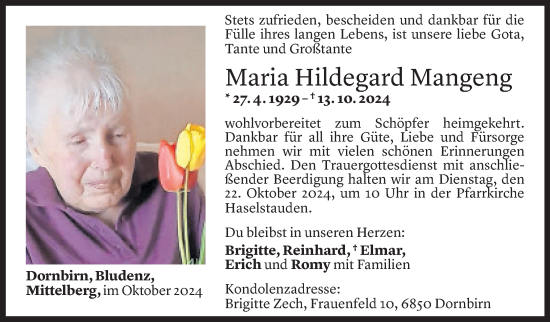 Todesanzeige von Maria Hildegard Mangeng von Vorarlberger Nachrichten