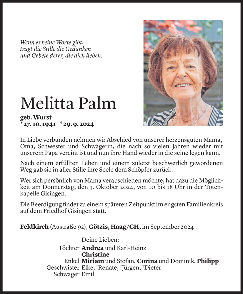  Todesanzeige für Melitta Palm vom 02.10.2024 aus Vorarlberger Nachrichten