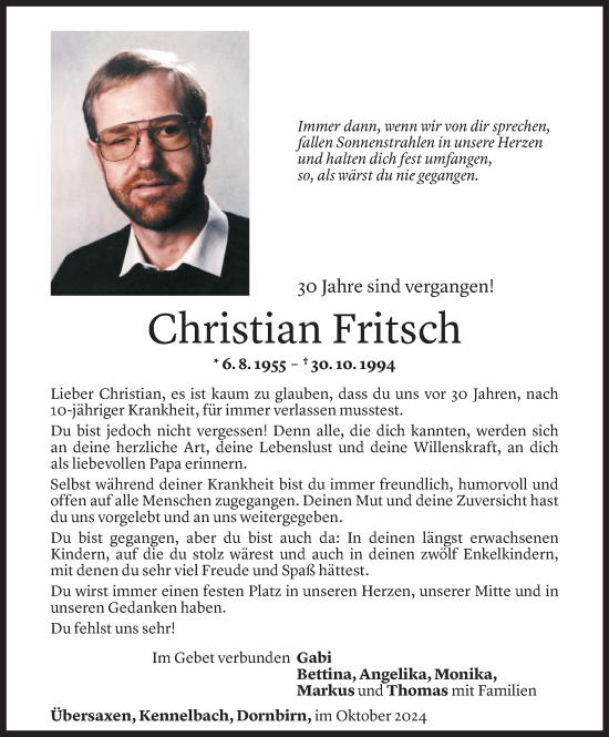 Todesanzeige von Christian Fritsch von Vorarlberger Nachrichten