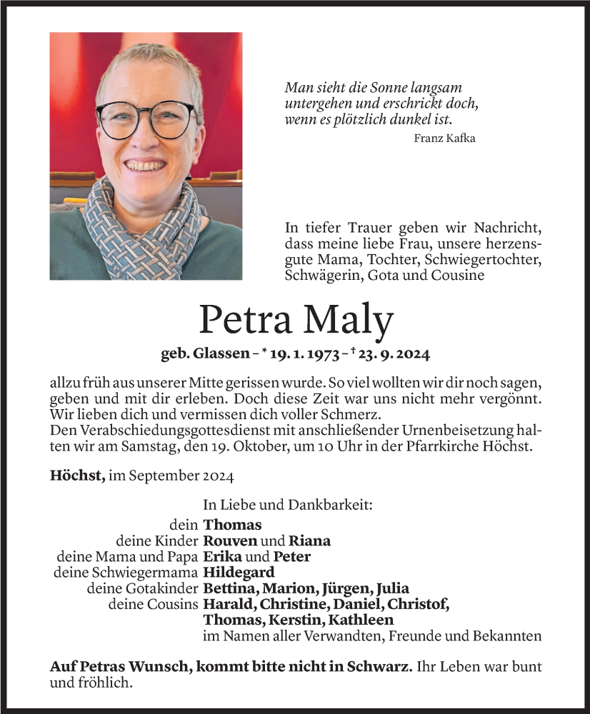  Todesanzeige für Petra Maly vom 15.10.2024 aus Vorarlberger Nachrichten