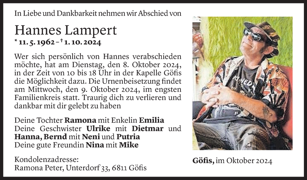  Todesanzeige für Hannes Lampert vom 04.10.2024 aus Vorarlberger Nachrichten