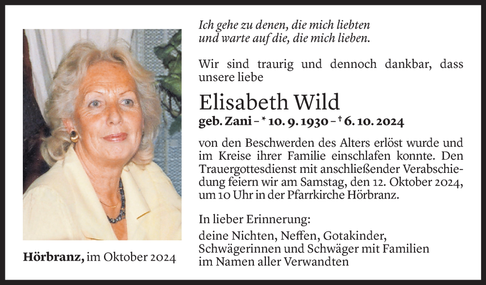  Todesanzeige für Elisabeth Wild vom 09.10.2024 aus Vorarlberger Nachrichten