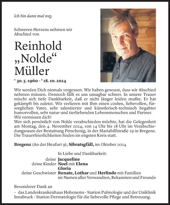 Todesanzeige von Reinhold Müller von Vorarlberger Nachrichten