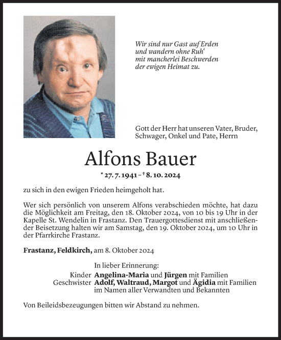 Todesanzeige von Alfons Bauer von Vorarlberger Nachrichten