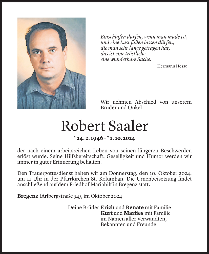  Todesanzeige für Robert Saaler vom 08.10.2024 aus Vorarlberger Nachrichten