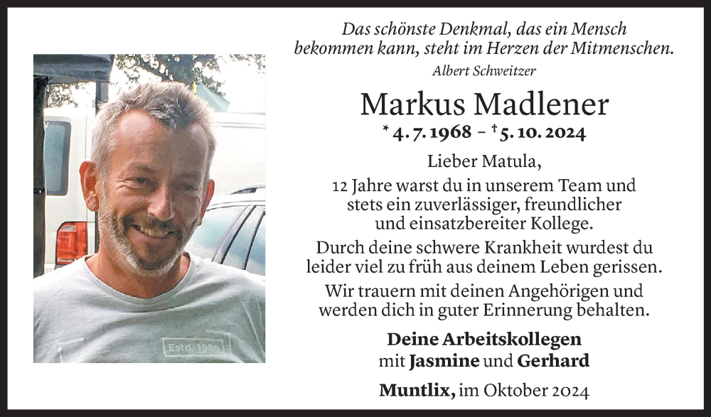  Todesanzeige für Markus Madlener vom 09.10.2024 aus Vorarlberger Nachrichten