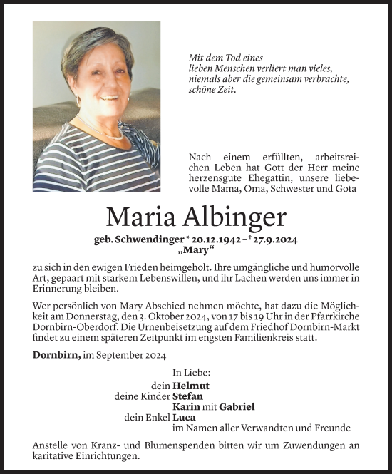 Todesanzeige von Maria Albinger von Vorarlberger Nachrichten