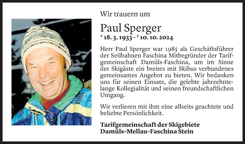  Todesanzeige für Paul Sperger vom 18.10.2024 aus Vorarlberger Nachrichten