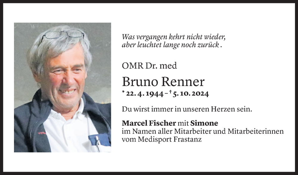  Todesanzeige für Bruno Renner vom 12.10.2024 aus Vorarlberger Nachrichten