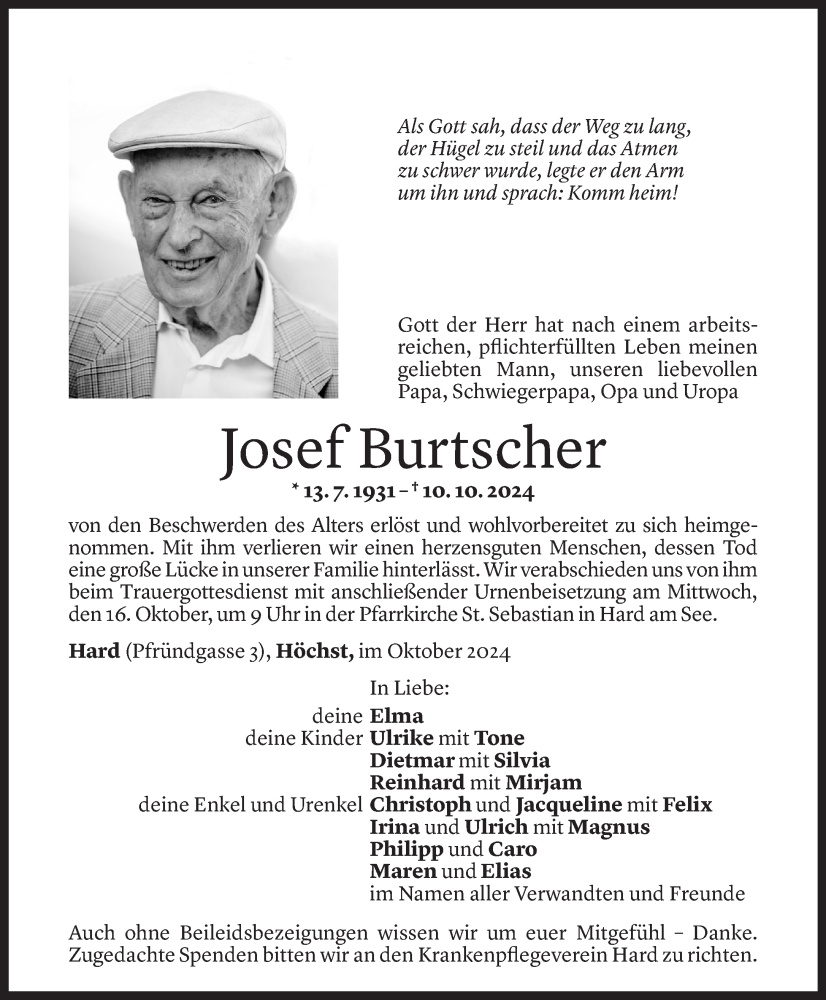  Todesanzeige für Josef Burtscher vom 11.10.2024 aus Vorarlberger Nachrichten