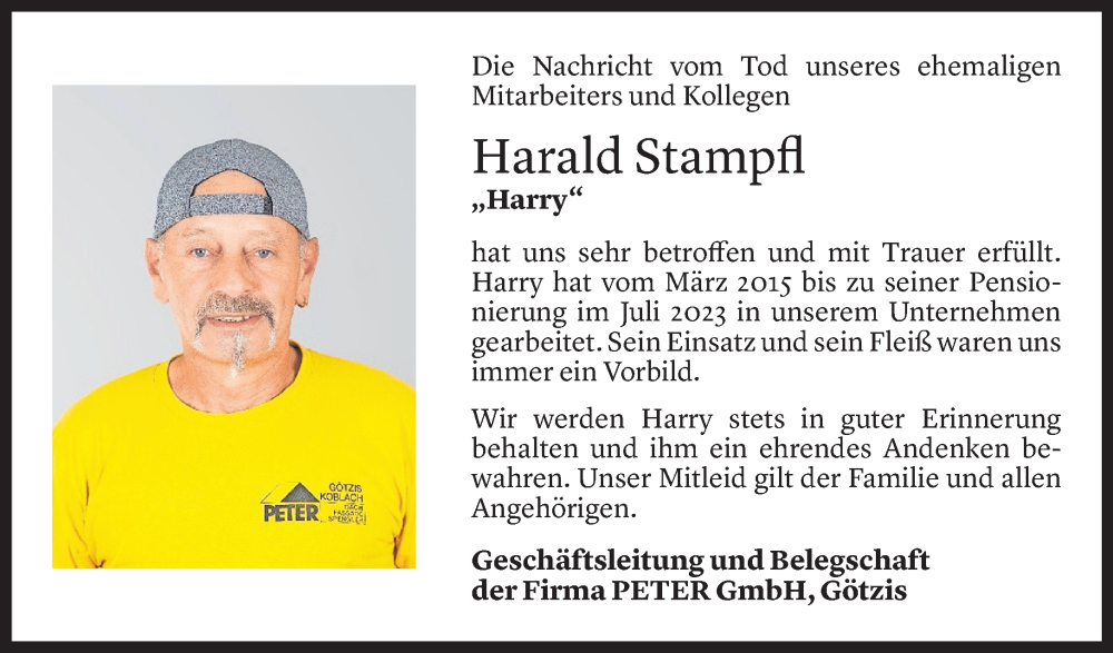  Todesanzeige für Harald Stampfl vom 27.10.2024 aus Vorarlberger Nachrichten