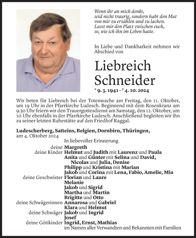  Todesanzeige für Liebreich Schneider vom 06.10.2024 aus Vorarlberger Nachrichten