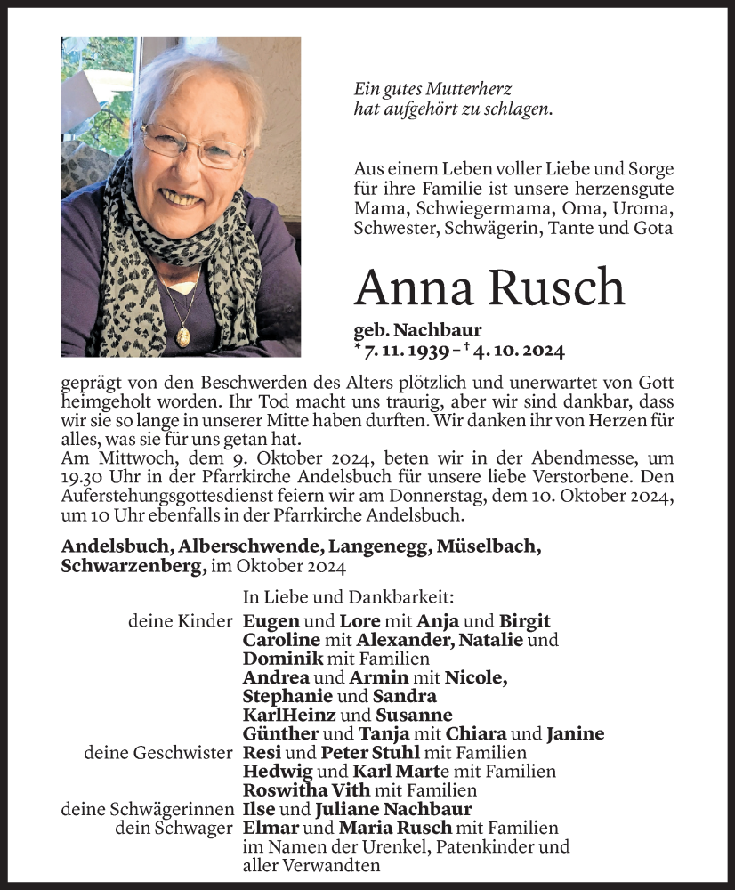  Todesanzeige für Anna Rusch vom 08.10.2024 aus Vorarlberger Nachrichten